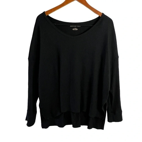 American Eagle Black Knit Blouse Large Plain Drop Shoulder Long Sleeves V Neck - Picture 1 of 4